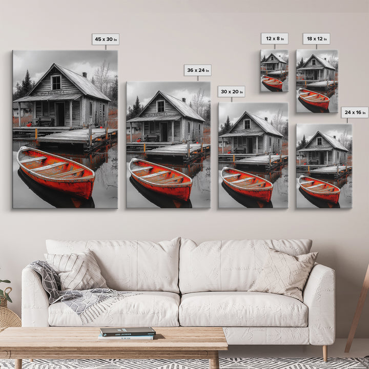 Cabin Reflection, Rustic Rowboat, Autumn Red, Lake Dock, Canvas Print, Fall Wall Art, Country Home Decor, Rustic Landscape, Lodge Style Art