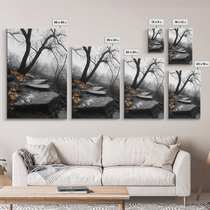 Stone Path, Autumn Trail, Moody Forest, Yellow Leaves, Canvas Print, Fall Nature Wall Art, Rustic Entryway Decor, Misty Woodland Scene