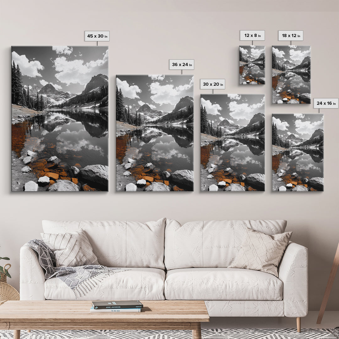 Alpine Lake, Orange Rocks, Mountain Reflection, Canvas Print, Wilderness Wall Art, Nature Explorer Decor, Rustic Lodge Wall Art