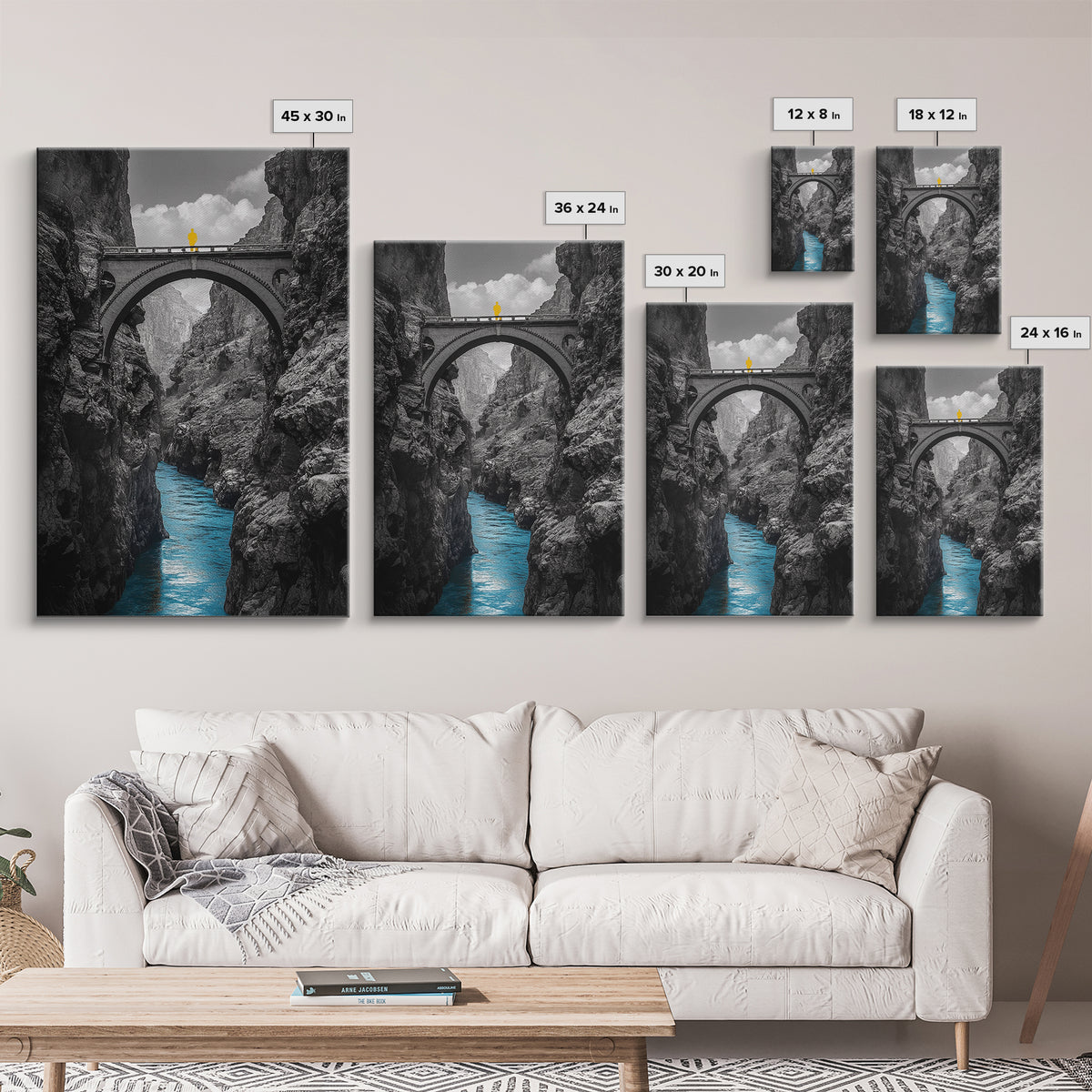 Canyon Bridge, Blue River, Yellow Figure, Framed Canvas Print, Bold Color Photography, Dramatic Landscape, Office Statement Art