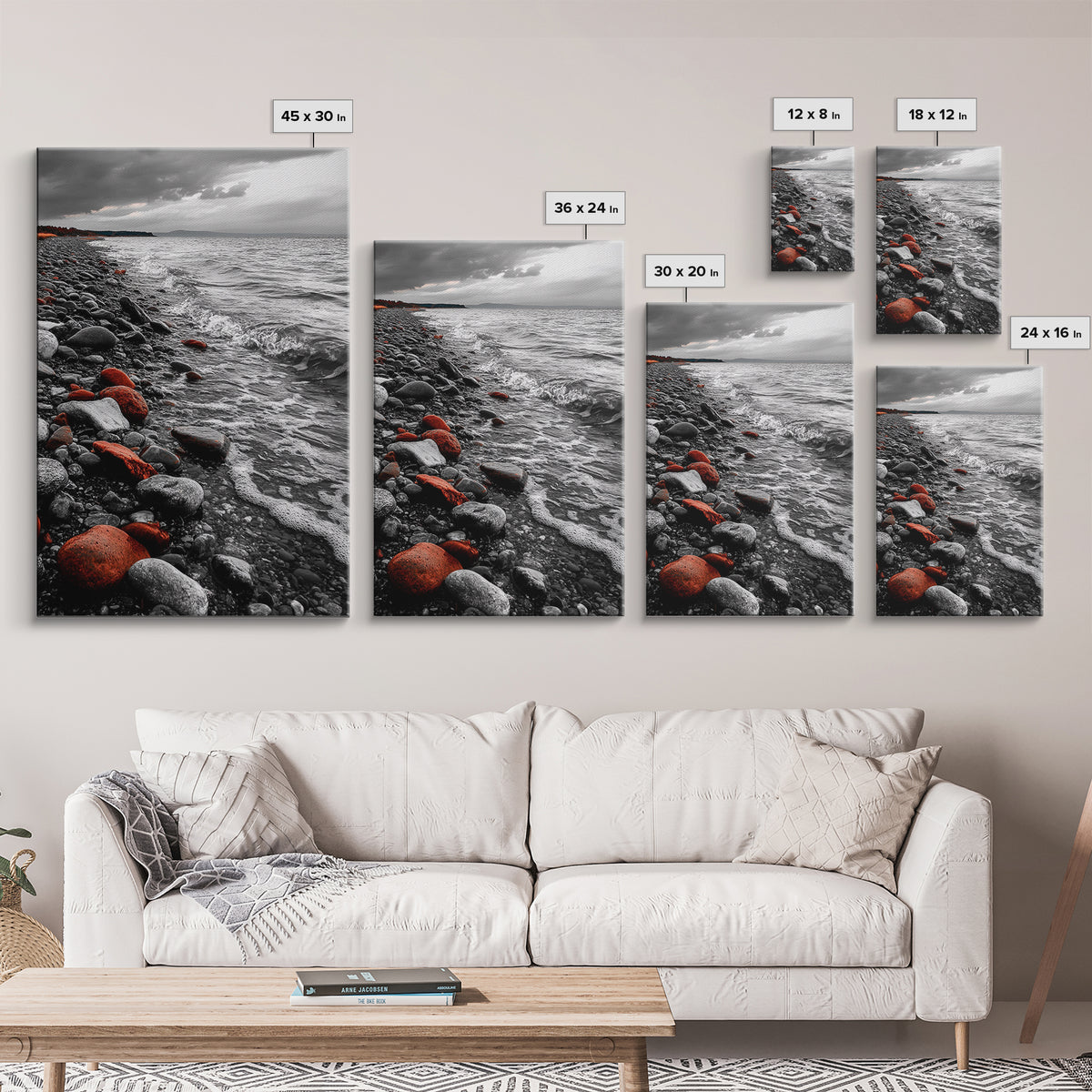 Red Shoreline, Bold Pebbles, Coastal Mood, Canvas Print, Nautical Wall Art, Moody Landscape, Black White Red Art, Nature Lover Gift