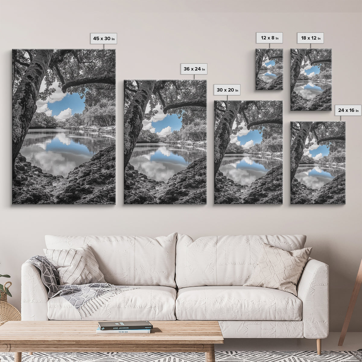 Blue Sky River, Tropical Trees, Natural Tranquility, Framed Canvas Print, Relaxing Bedroom Wall Art, Coastal Nature, Serene Landscape Decor