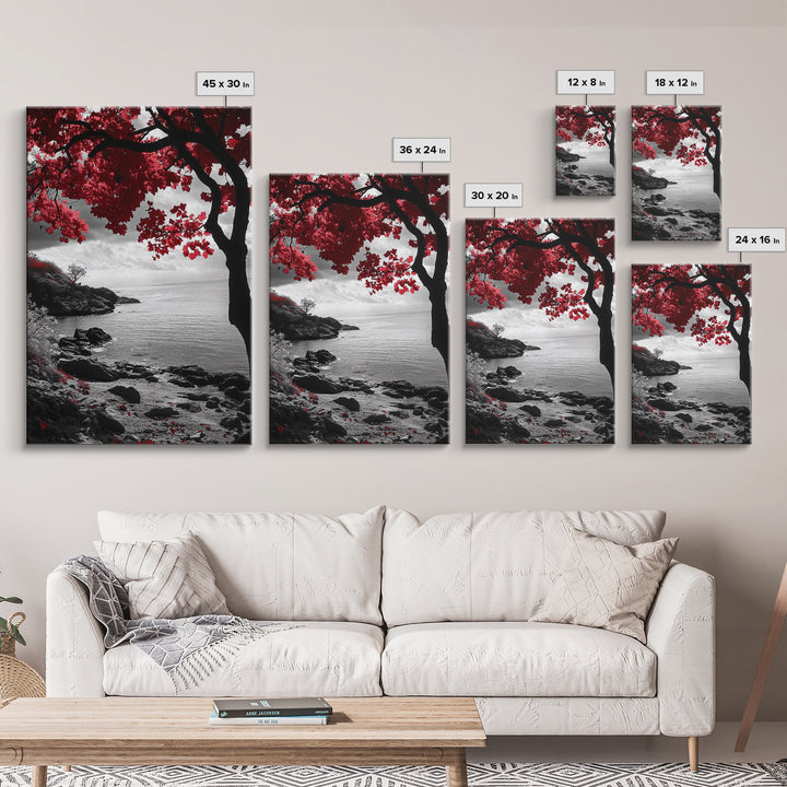 Red Leaves, Dramatic Coast, Ocean Horizon, Canvas Print, Autumn Coastal Wall Art, Bold Nature Photography, Moody Fall Decor, Beach Theme