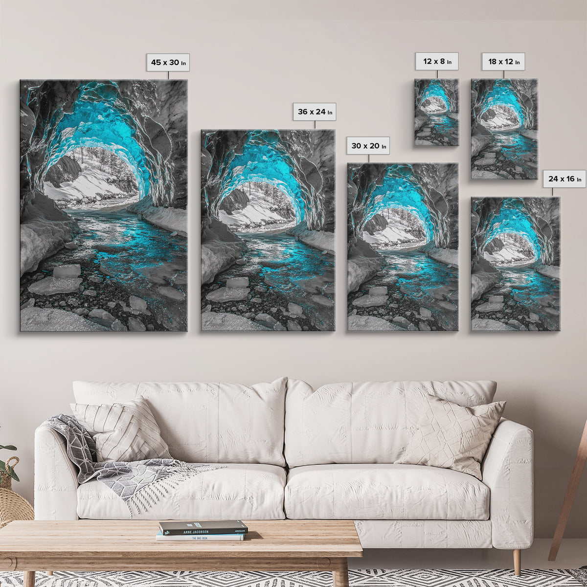 Blue Ice Cave, Winter Tunnel, Arctic Wonderland, Framed Canvas Print, Nature Wall Art, Minimalist Photography, Cool Tone Decor