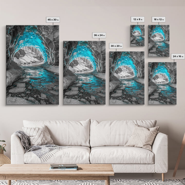 Blue Ice Cave, Winter Tunnel, Arctic Wonderland, Framed Canvas Print, Nature Wall Art, Minimalist Photography, Cool Tone Decor