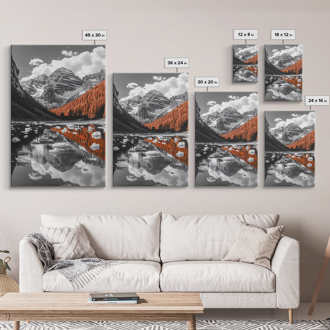 Mountain Reflections, Autumn Pines, Glacial Water Scene, Framed Canvas Print, Fall Landscape Wall Art, Nature Lover Home Decor