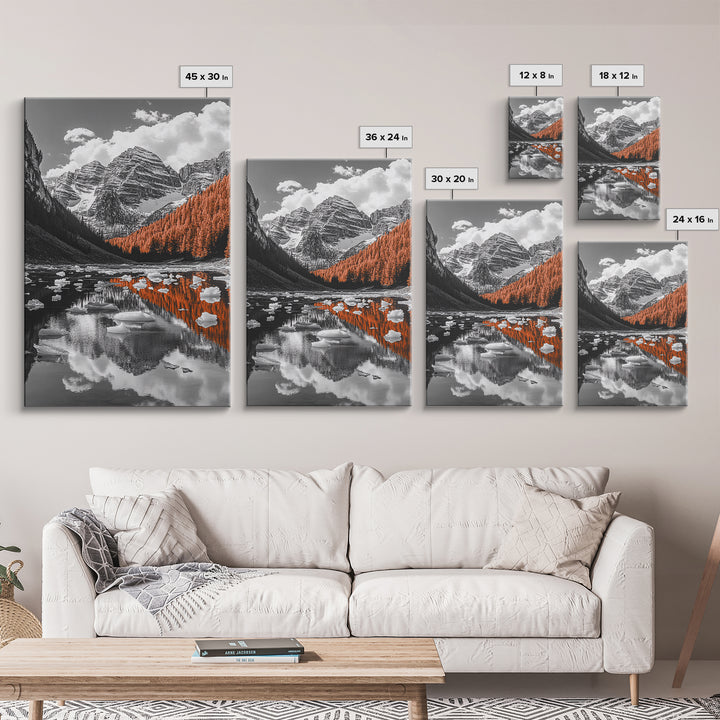 Mountain Reflections, Autumn Pines, Glacial Water Scene, Framed Canvas Print, Fall Landscape Wall Art, Nature Lover Home Decor