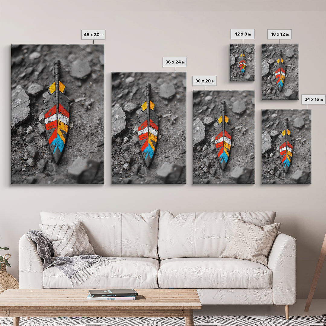 Tribal Feather, Painted Arrow, Rustic Stone Ground, Canvas Print, Boho Wall Art, Native Inspired Decor, Color Pop Rustic Style