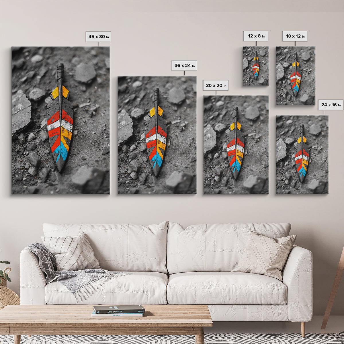 Tribal Feather, Painted Arrow, Rustic Stone Ground, Canvas Print, Boho Wall Art, Native Inspired Decor, Color Pop Rustic Style