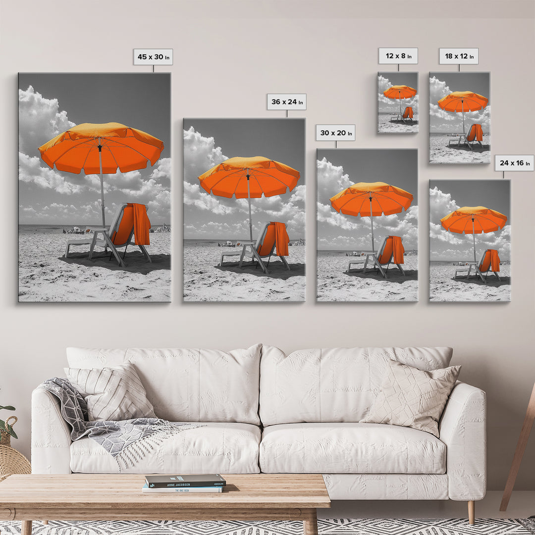 Orange Umbrella Shade, Beach Chill Scene, Relax Spot, Framed Canvas Print, Summer Wall Art, Vacation Vibe Decor, Minimalist Beach Art