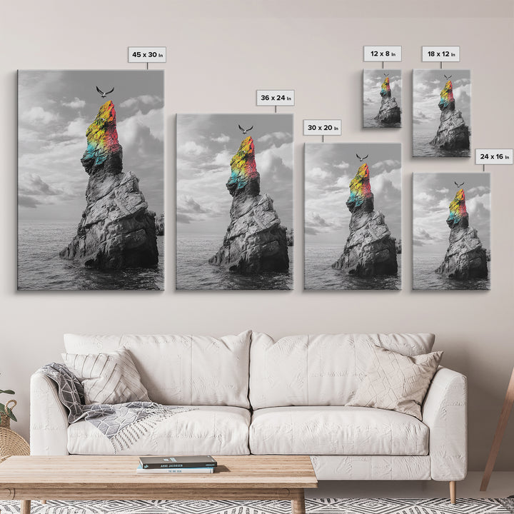 Rainbow Cliff, Soaring Bird, Ocean Rock Scene, Canvas Print, Nature Adventure Wall Art, Vibrant Seascape Decor, Coastal Living Accent