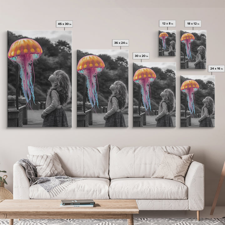 Surreal Jellyfish, Child Wonder, Fantasy Ocean Scene, Framed Canvas Print, Kids Room Wall Art, Vibrant Color Pop Art, Dreamy Decor