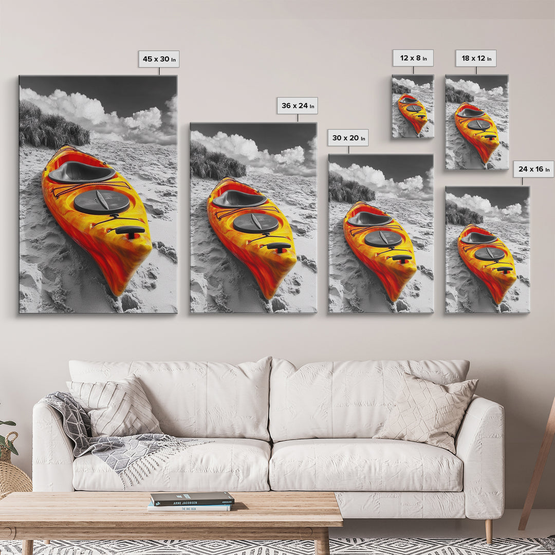 Vibrant Kayak, Sandy Beach, Summer Adventure Vibe, Canvas Print, Coastal Wall Art, Bold Color Photography, Outdoor Lover Gift