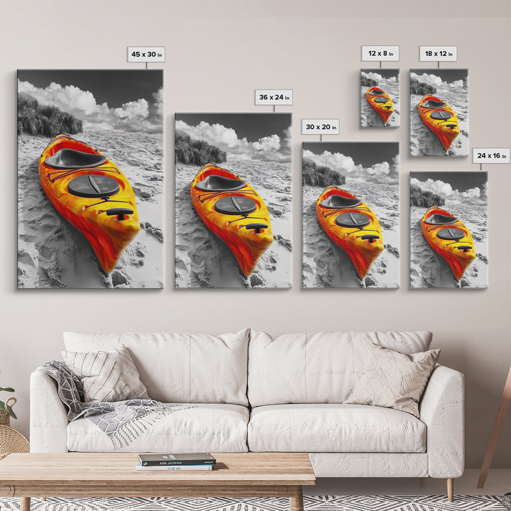 Vibrant Kayak, Sandy Beach, Summer Adventure Vibe, Canvas Print, Coastal Wall Art, Bold Color Photography, Outdoor Lover Gift