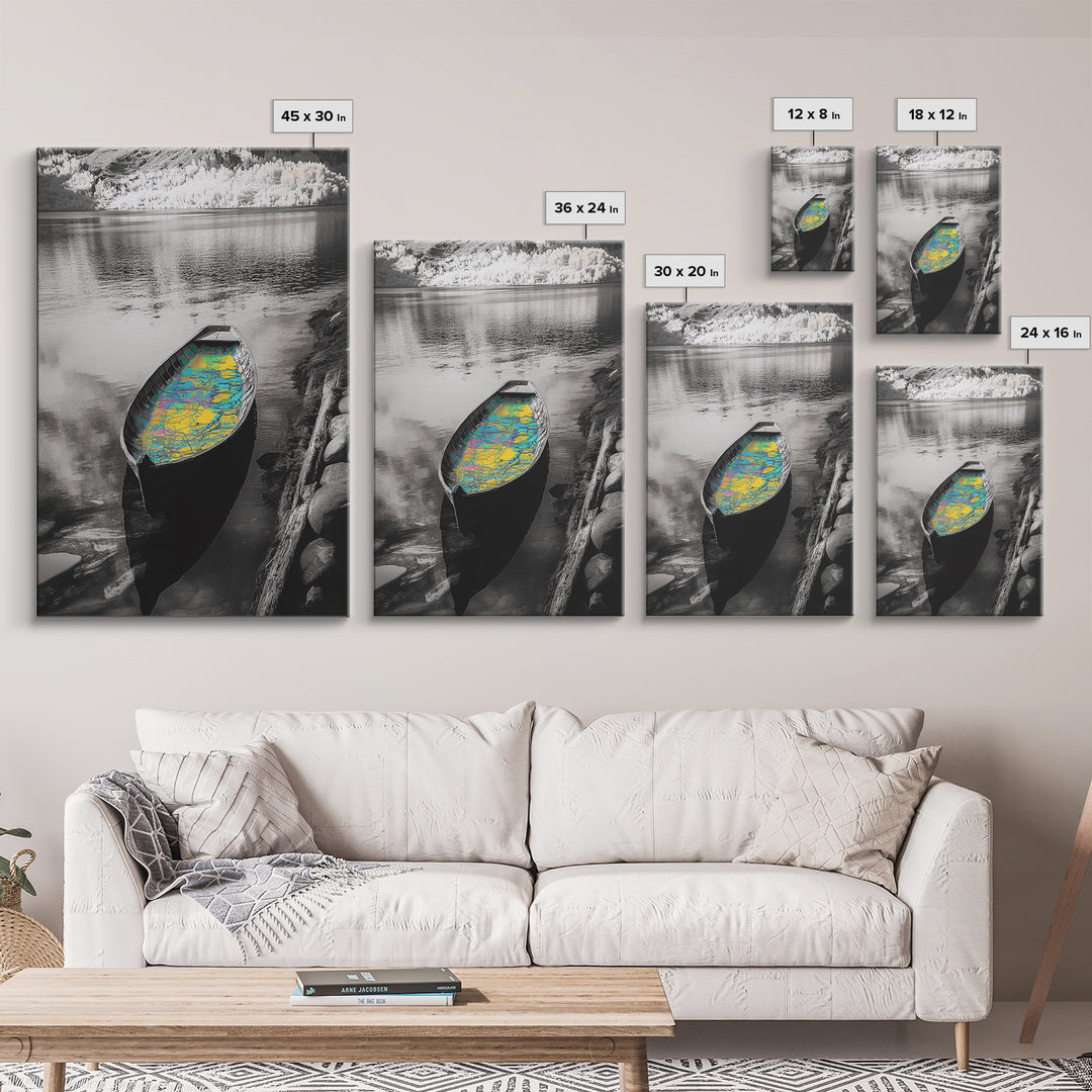 Rowboat Map Interior, Lake Reflections, Artistic Travel Theme, Canvas Print, Cabin Wall Art, Unique Lake House Decor, Explorer Style