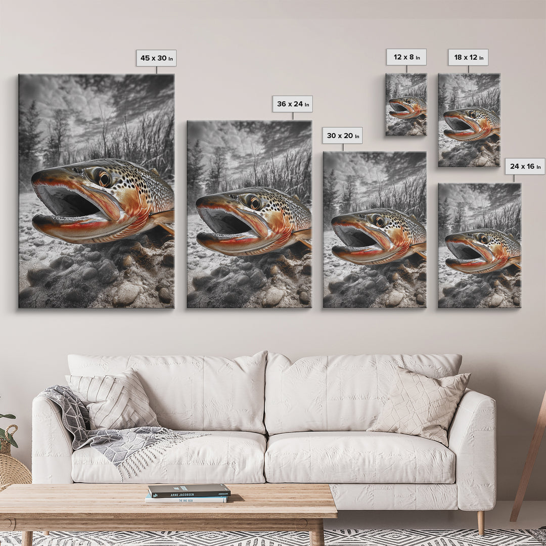 Brown Trout Closeup, Riverbed Focus, Dramatic Fish Art, Framed Canvas Print, Fisherman Gift, Cabin Wall Art, Rustic Outdoor Decor