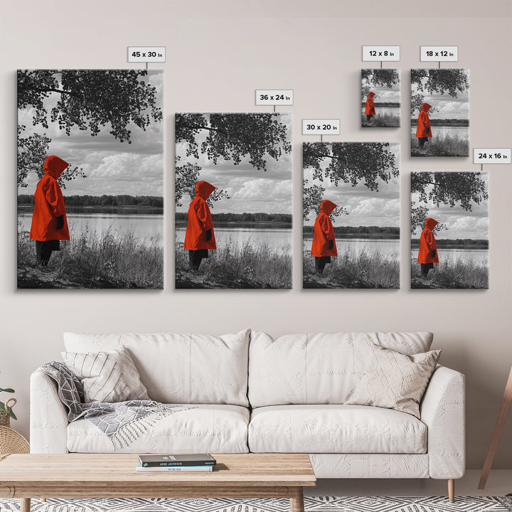 Red Coat Figure, Lakeside Reflection, Mystery Forest Mood, Canvas Print, Autumn Minimalist Wall Art, Moody Storybook Decor, Nature Style