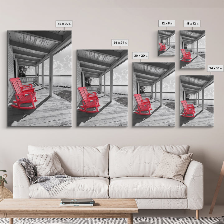 Red Porch Chairs, Lakeside Retreat, Cozy Country Morning, Framed Canvas Print, Farmhouse Decor, Rustic Living Room Wall Art, Peaceful Vibe