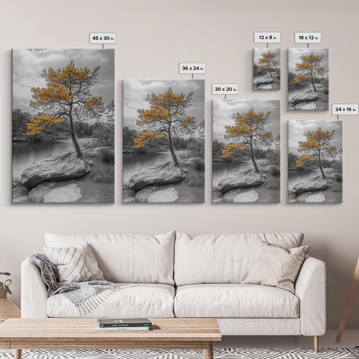 Golden Tree View, Nature Serenity, Fall Lake Art, Peaceful Pine, Framed Canvas Print, living room wall art, minimalist landscape print