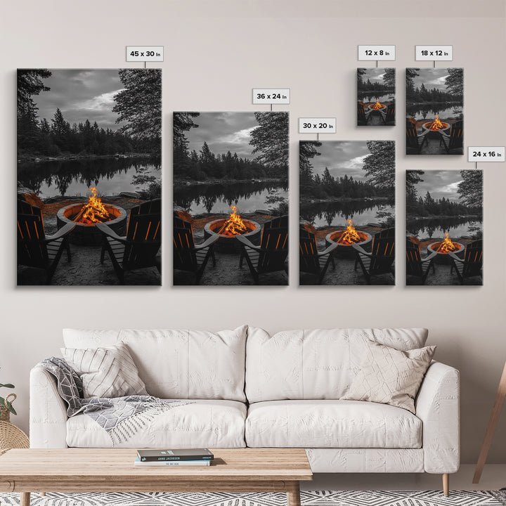 Campfire Chairs Lake, Autumn Firepit Scene, Rustic Retreat, Cabin Escape, Framed Canvas Print, cozy wall art, man cave cabin decor