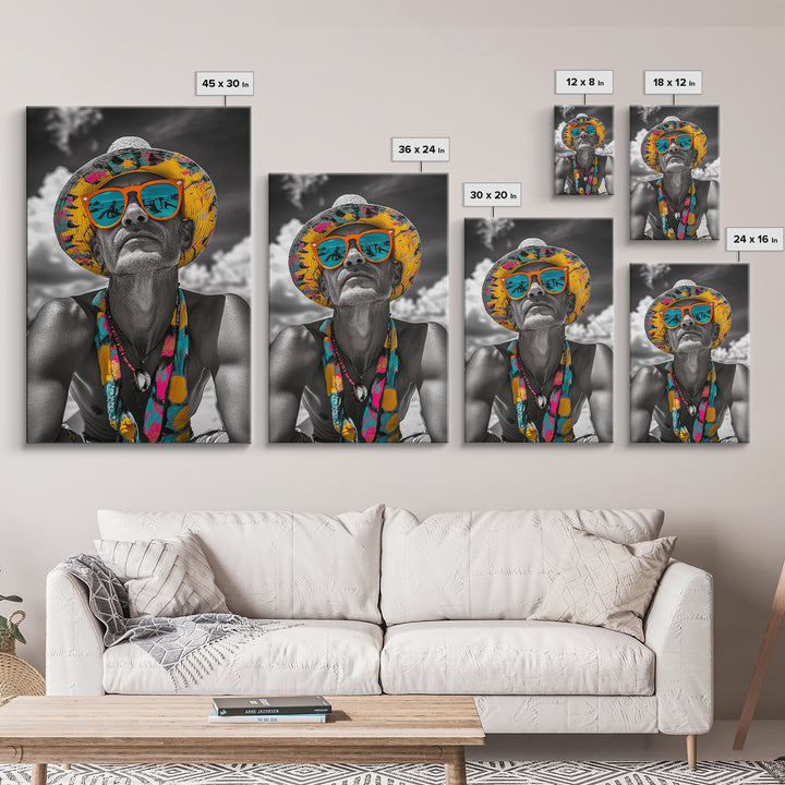 Beach Guy Portrait, Summer Sunglasses, Boho Vibe, Framed Canvas Print, Surf Shack Decor, Eclectic Wall Art, Travel Inspired Design