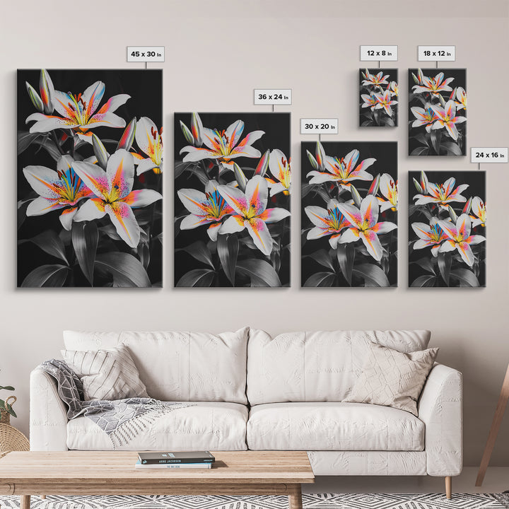 Neon Lily, Floral Bloom, Vibrant Flower, Botanical Framed Canvas Print, Color Pop Wall Art, Bedroom Floral Art, Bold Nature Decor