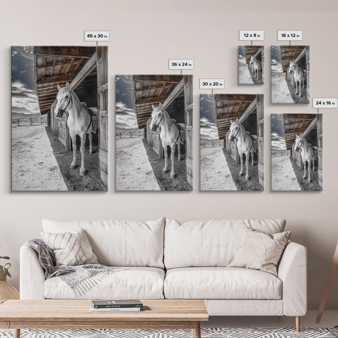 White Horse, Western Ranch, Rustic Stable, Cowboy Framed Canvas Print, Farmhouse Wall Art, Country Living Room Decor, Black White Art