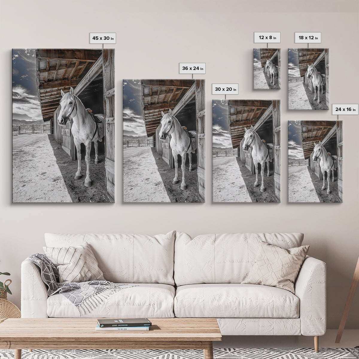 White Horse, Western Ranch, Rustic Stable, Cowboy Framed Canvas Print, Farmhouse Wall Art, Country Living Room Decor, Black White Art