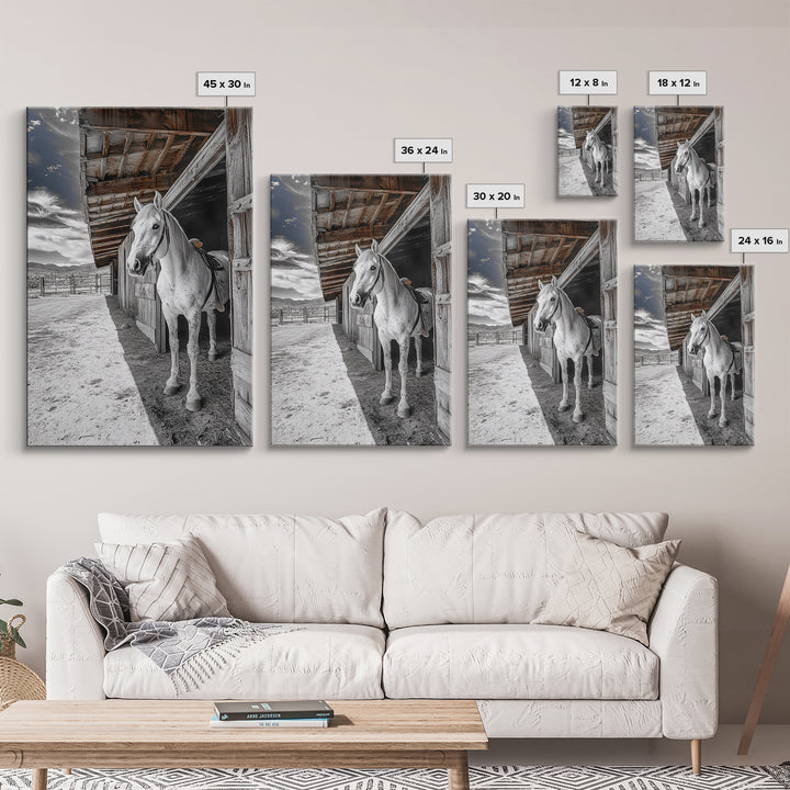 White Horse, Western Ranch, Rustic Stable, Cowboy Framed Canvas Print, Farmhouse Wall Art, Country Living Room Decor, Black White Art