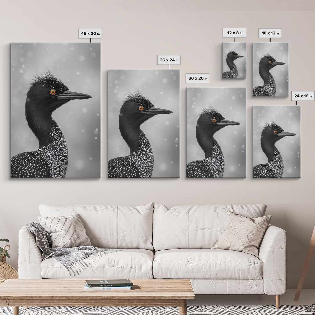 Black Loon, Bird Closeup, Snowy Glow, Winter Nature Canvas Print, Wildlife Wall Art, Modern Bedroom Decor, Birdwatcher Gift Print