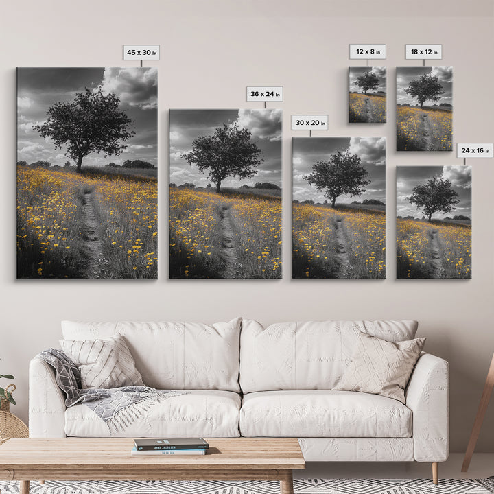 Yellow Meadow, Tree Path, Sunny Flowers, Autumn Framed Canvas Print, Field Landscape Wall Art, Nature Lover Decor, Boho Fall Vibes