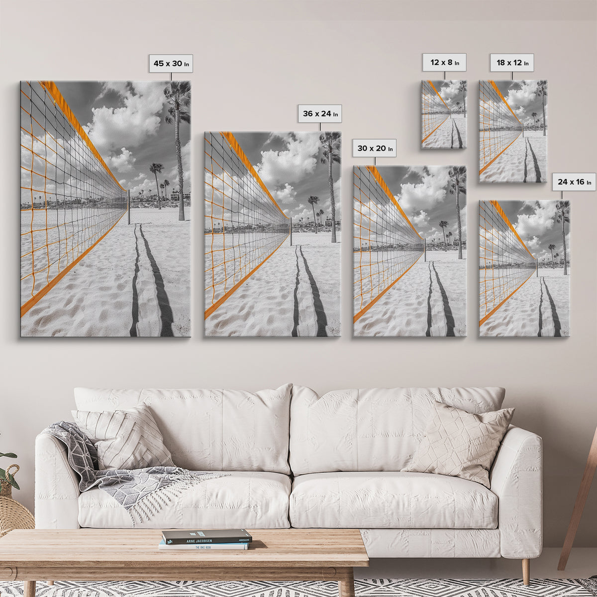 Volleyball Court, Sand and Net, Coastal Play, Framed Canvas Print, Sports Wall Art, Teen Room Decor, Summer Athletic Beach Vibes