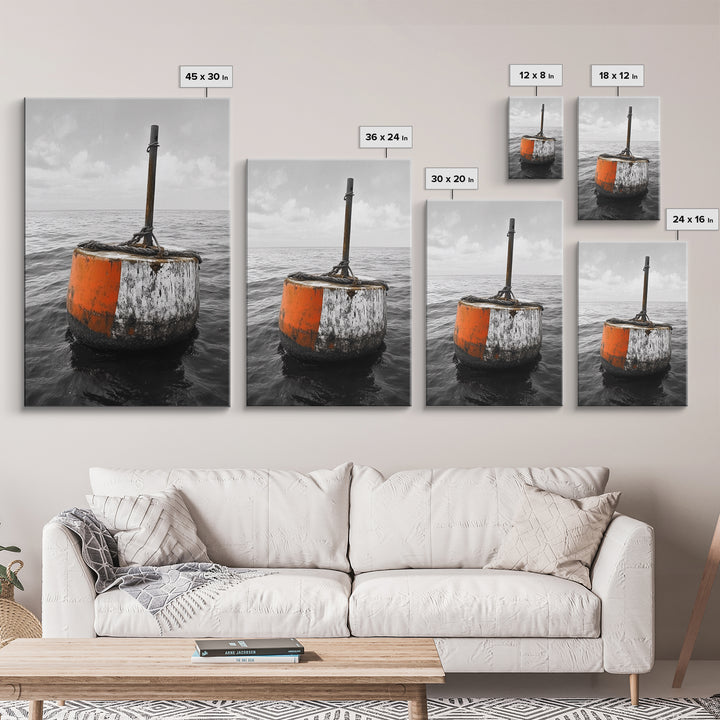 Ocean Buoy Art, Nautical Minimalism, Coastal Wall Decor, Industrial Seascape, Framed Canvas Print, Rustic Ocean Art, Bathroom Wall Art
