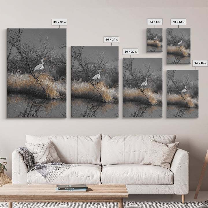 Egret Bird Scene, Autumn Riverbank, Wildlife Nature Print, Moody Wetland Landscape, Framed Canvas Print, Rustic Living Room Wall Art