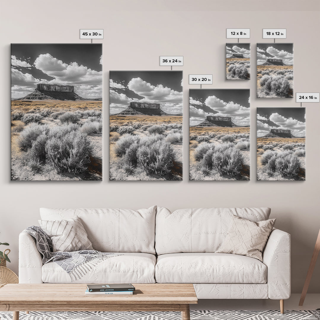 Desert Plateau View, Western Landscape Art, Rustic Nature Decor, Yellow Sagebrush, Framed Canvas Print, Southwestern Living Room Art