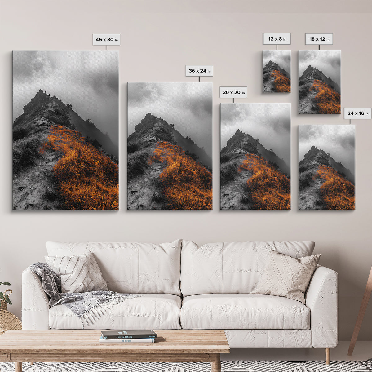 Misty Mountain Hike, Orange Trail Grass, Adventure Explorer Print, Moody Wilderness Scene, Framed Canvas Print, Rustic Cabin Wall Art