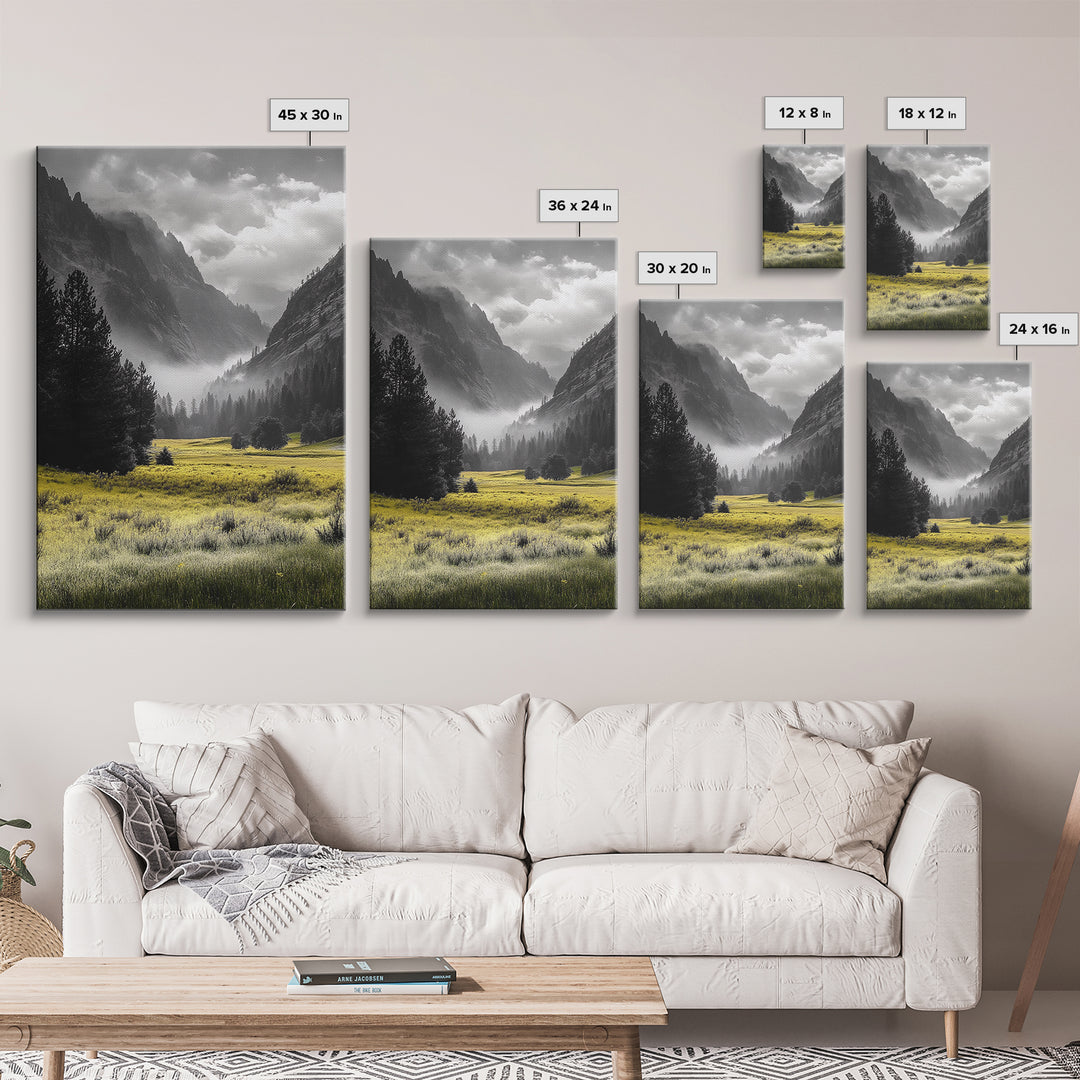Yellow Meadow Valley, Foggy Mountain Scene, Serene Landscape Photography, Framed Canvas Print, Nature Lover Living Room Wall Art