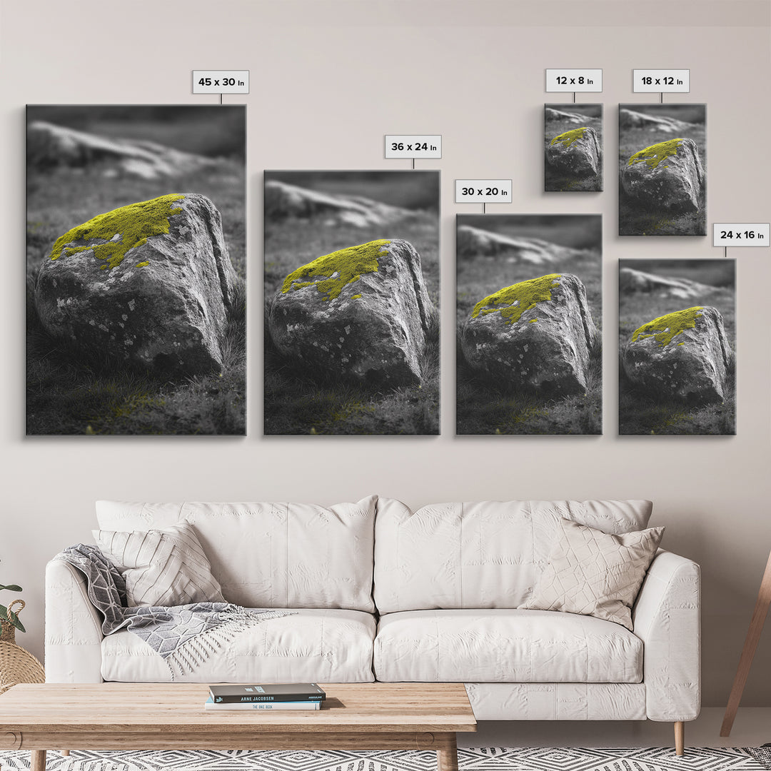 Mossy Stone Closeup, Earthy Nature Texture, Minimal Landscape Print, Framed Canvas Print, Modern Office Wall Decor, Zen Rock Art