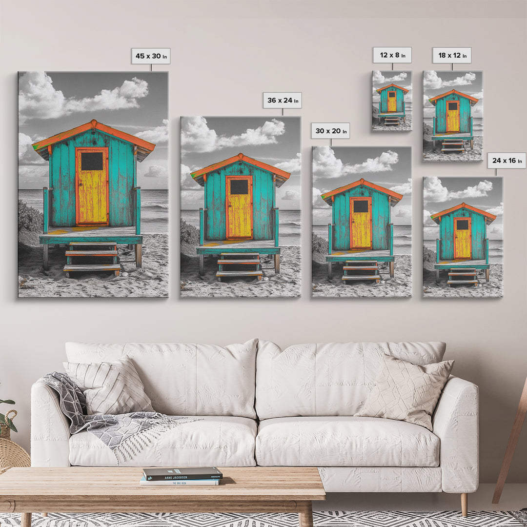 Colorful Beach Hut, Surf Shack, Coastal Cabin, Framed Canvas Print, Tropical Wall Art, Living Room Decor, Bright Summer Home Style