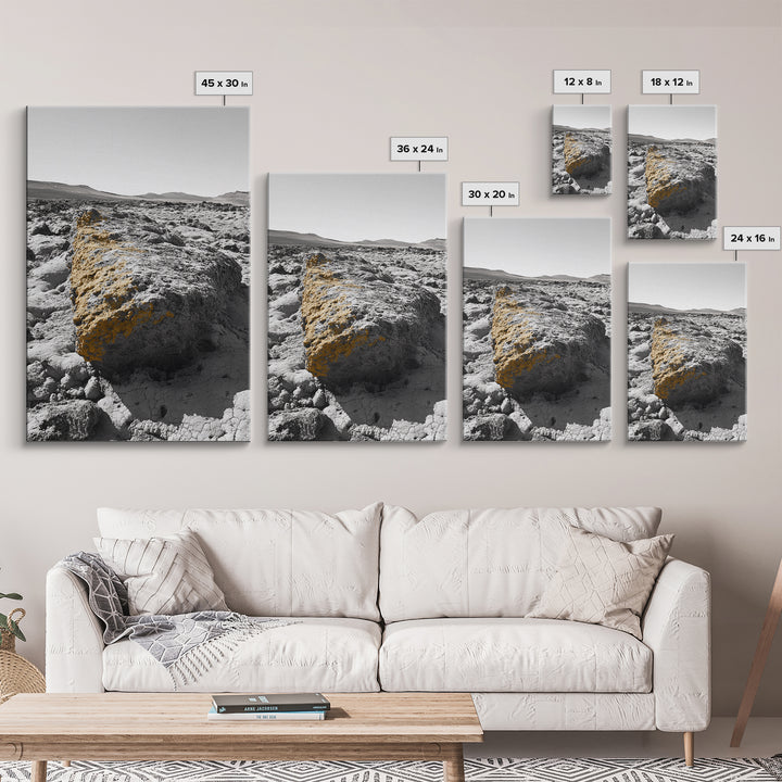 Yellow Lichen Rock, Monochrome Landscape, Desert Texture, Canvas Print, Rustic Wall Art, Minimalist Decor, Entryway or Office Art