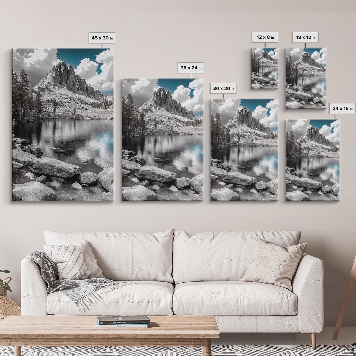 Crystal Lake Peaks, Serene Mountain Reflection, Monochrome Water Scene, Canvas Print, Bedroom Wall Art, Nature Photography Decor