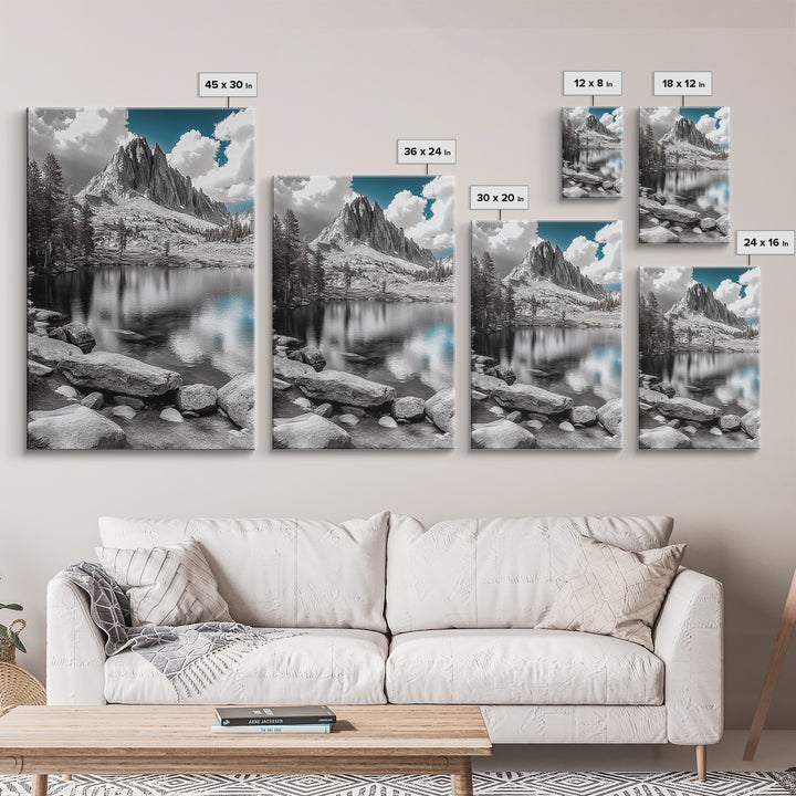 Crystal Lake Peaks, Serene Mountain Reflection, Monochrome Water Scene, Canvas Print, Bedroom Wall Art, Nature Photography Decor