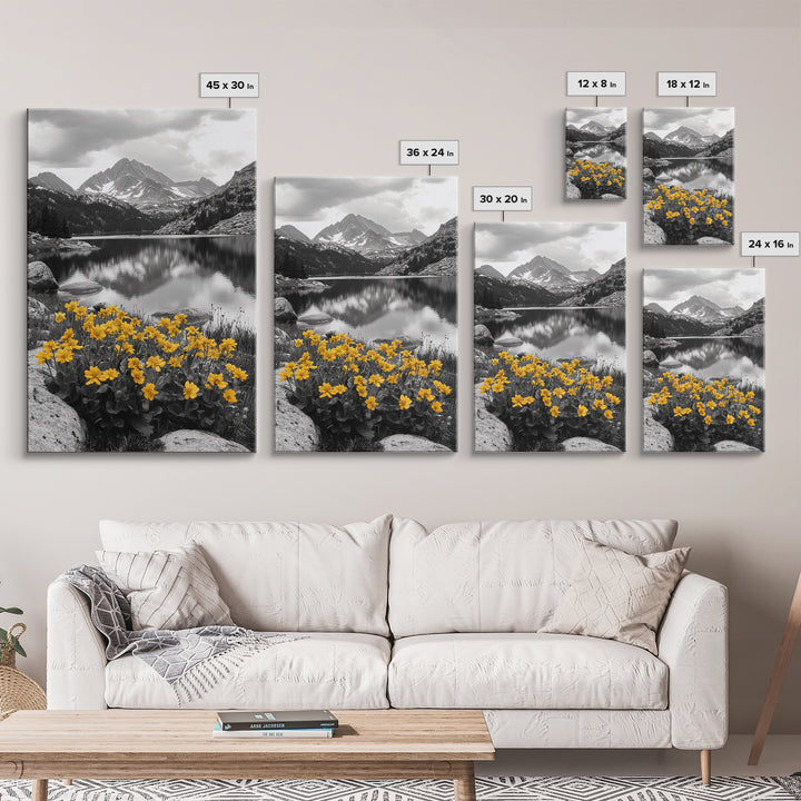 Yellow Wildflowers Lake, Alpine Meadow, Monochrome Landscape, Canvas Print, Kitchen Wall Art, Spring Nature Photography Decor