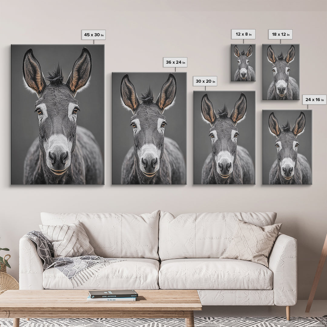 Donkey Close-Up, Rustic Farm Animal, Black and White Portrait, Canvas Print, Farmhouse Kitchen Art, Country Animal Wall Decor