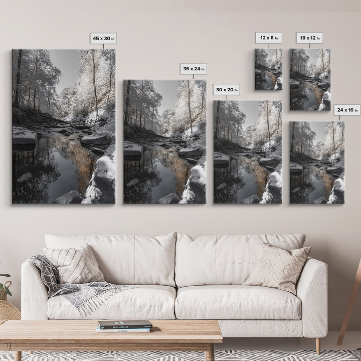 Autumn Creek Walk, Monochrome Forest Stream, Fall Reflections, Framed Canvas Print, Entryway Wall Art, Nature Trail Photography Decor