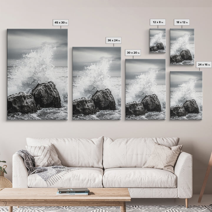 Ocean Splash, Rocky Coast, Dramatic Seascape, Monochrome Power, Framed Canvas Print, Coastal Wall Art, Entryway or Office Decor