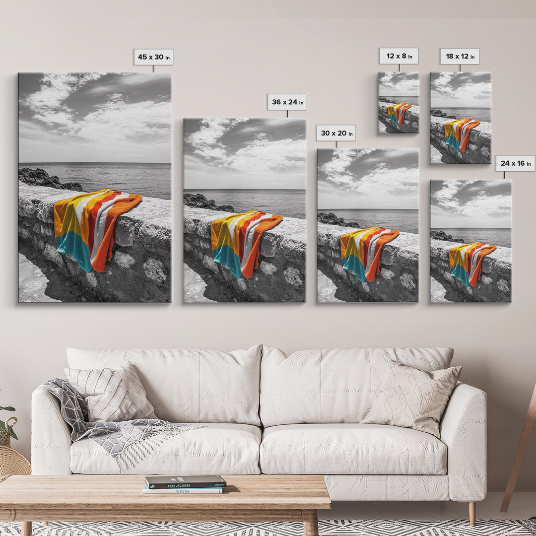 Colorful Towel, Coastal Vibes, Seaside Style, Bold Decor, Framed Canvas Print vibrant beach towel photo, bathroom wall art, summer art