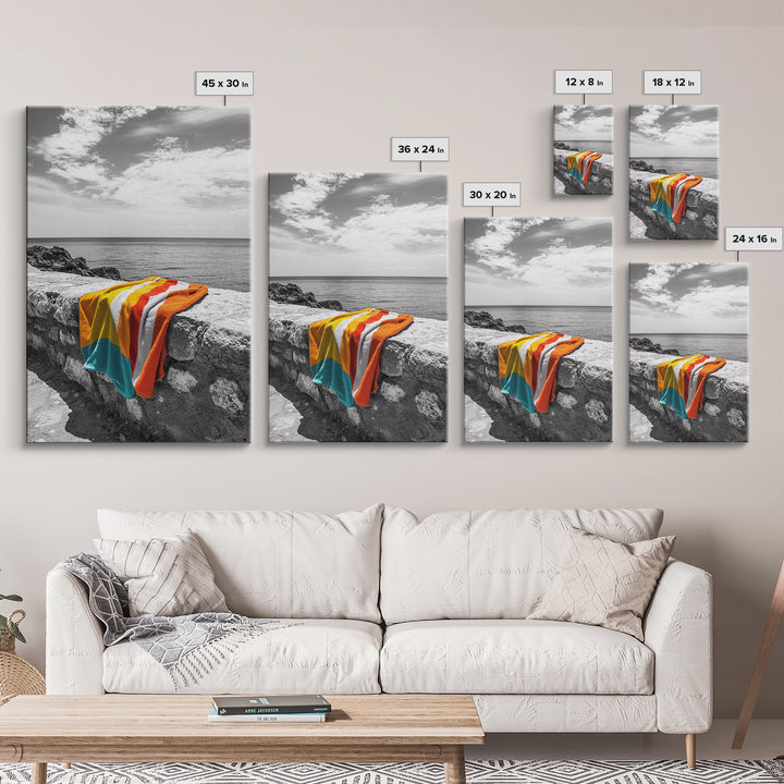 Colorful Towel, Coastal Vibes, Seaside Style, Bold Decor, Framed Canvas Print vibrant beach towel photo, bathroom wall art, summer art