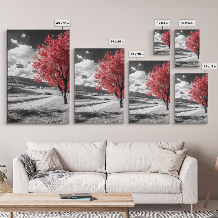 Autumn Red Tree, Scenic Road, Countryside Field, Framed Canvas Print, Fall Wall Art, Rustic Home Decor, Nature Photography, Office Accent