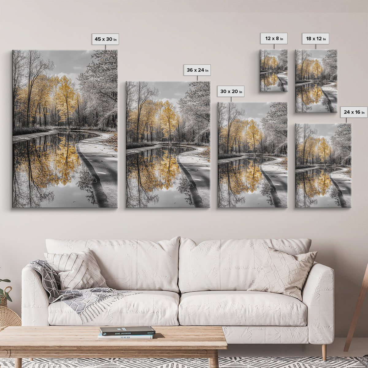 Autumn Trees, Yellow Reflection, Calm River, Nature Path, Framed Canvas Print fall landscape wall art, minimalist forest photography